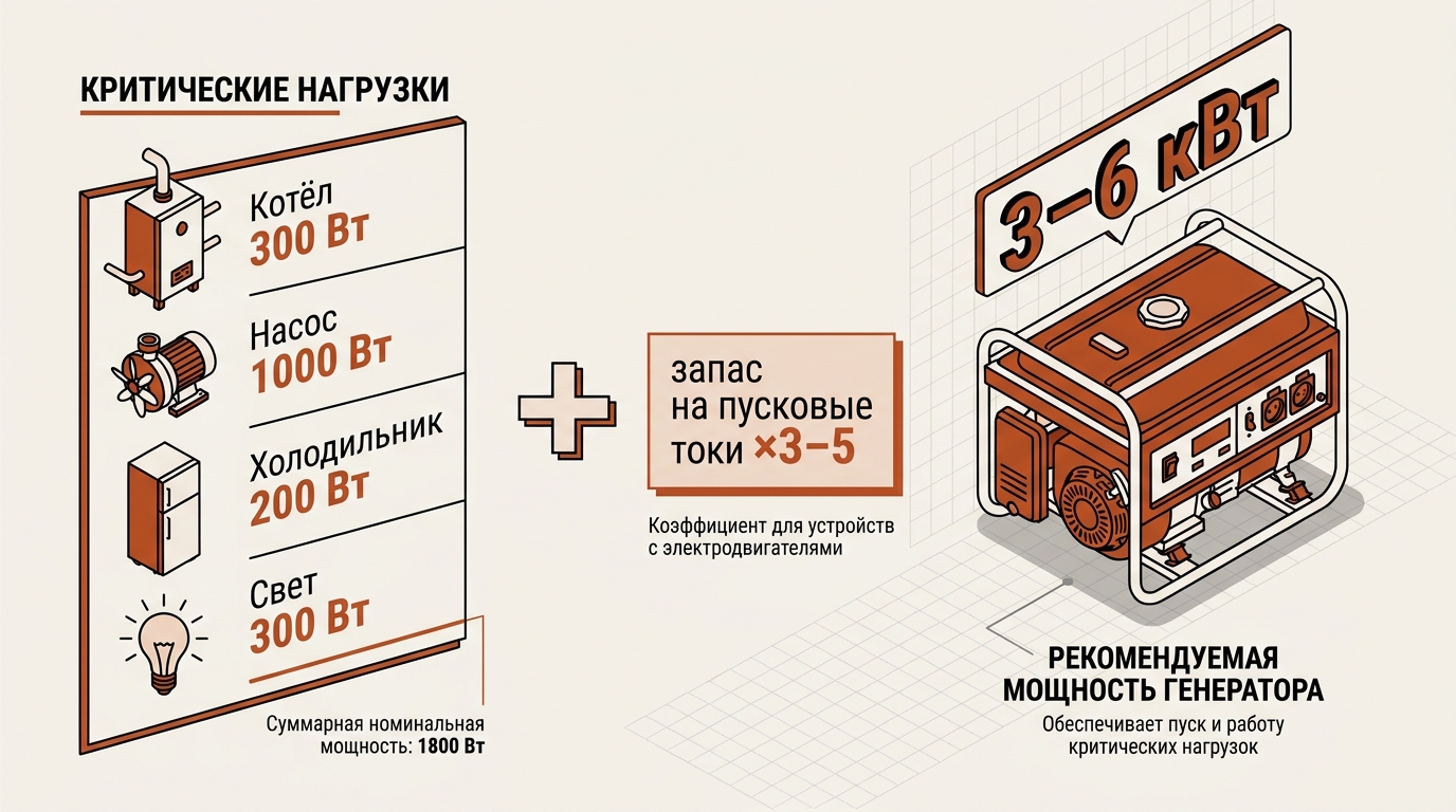 Критичные потребители дома и запас на пусковые токи при подборе мощности генератора