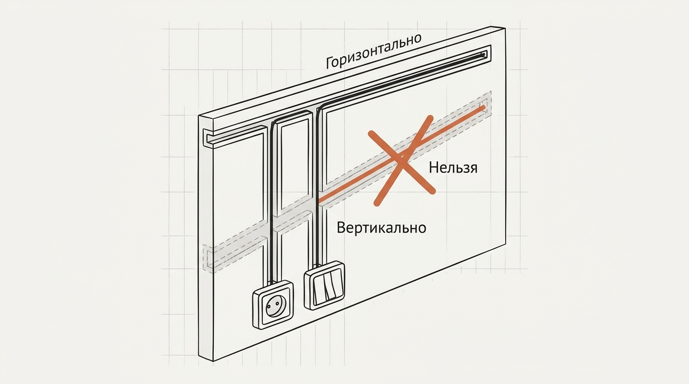Правильное штробление: вертикальные штробы от розеток и выключателей и горизонтальные под потолком, диагонали запрещены