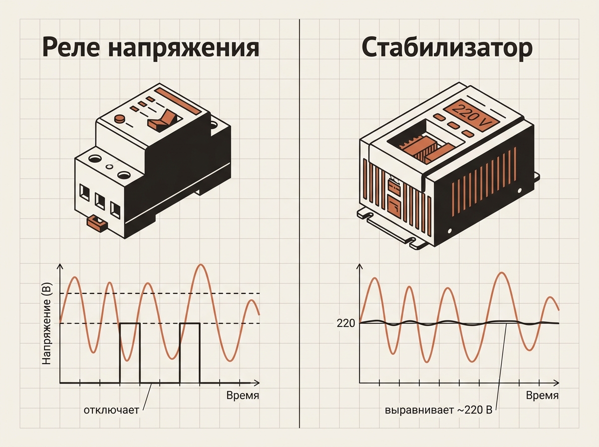 Реле напряжения отключает нагрузку при выходе за пределы, стабилизатор выравнивает напряжение до нормы