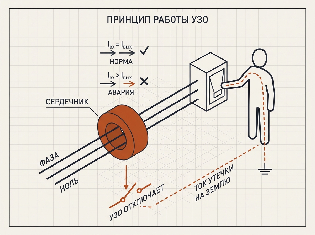 Принцип работы УЗО: сравнение тока в фазе и нуле, утечка через тело человека на землю