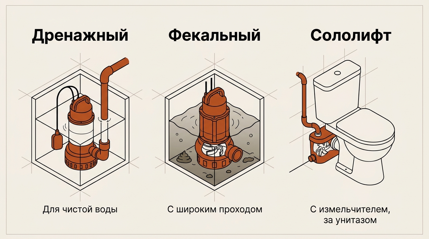 Дренажный, фекальный и сололифт с измельчителем — три типа насосов для стоков