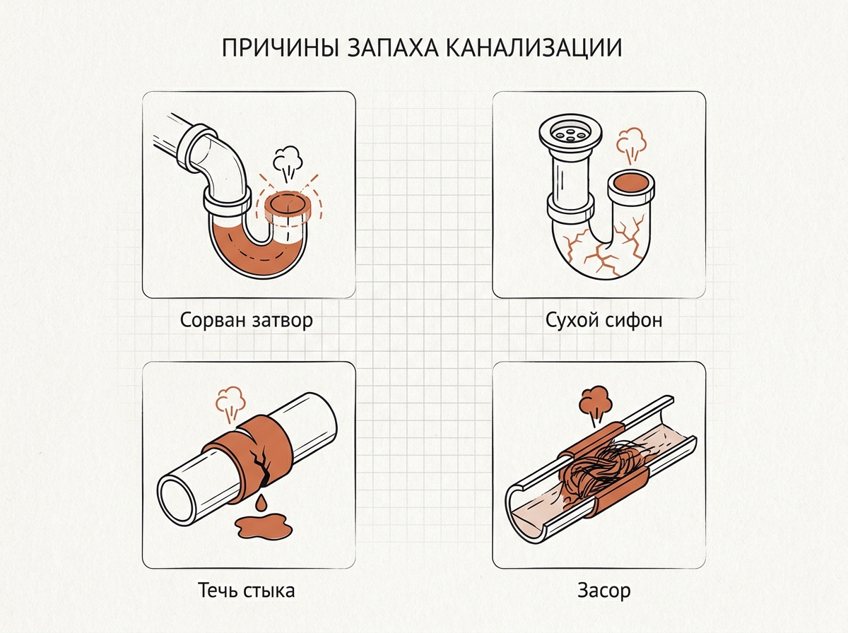 Четыре причины запаха канализации: сорванный гидрозатвор, сухой сифон, негерметичный стык, засор