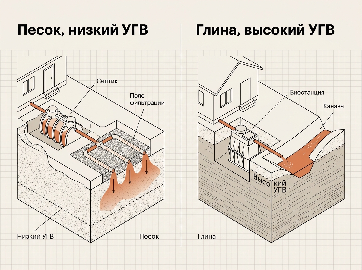 Выбор септика по грунту: песок и низкий УГВ — поле фильтрации, глина и высокий УГВ — станция