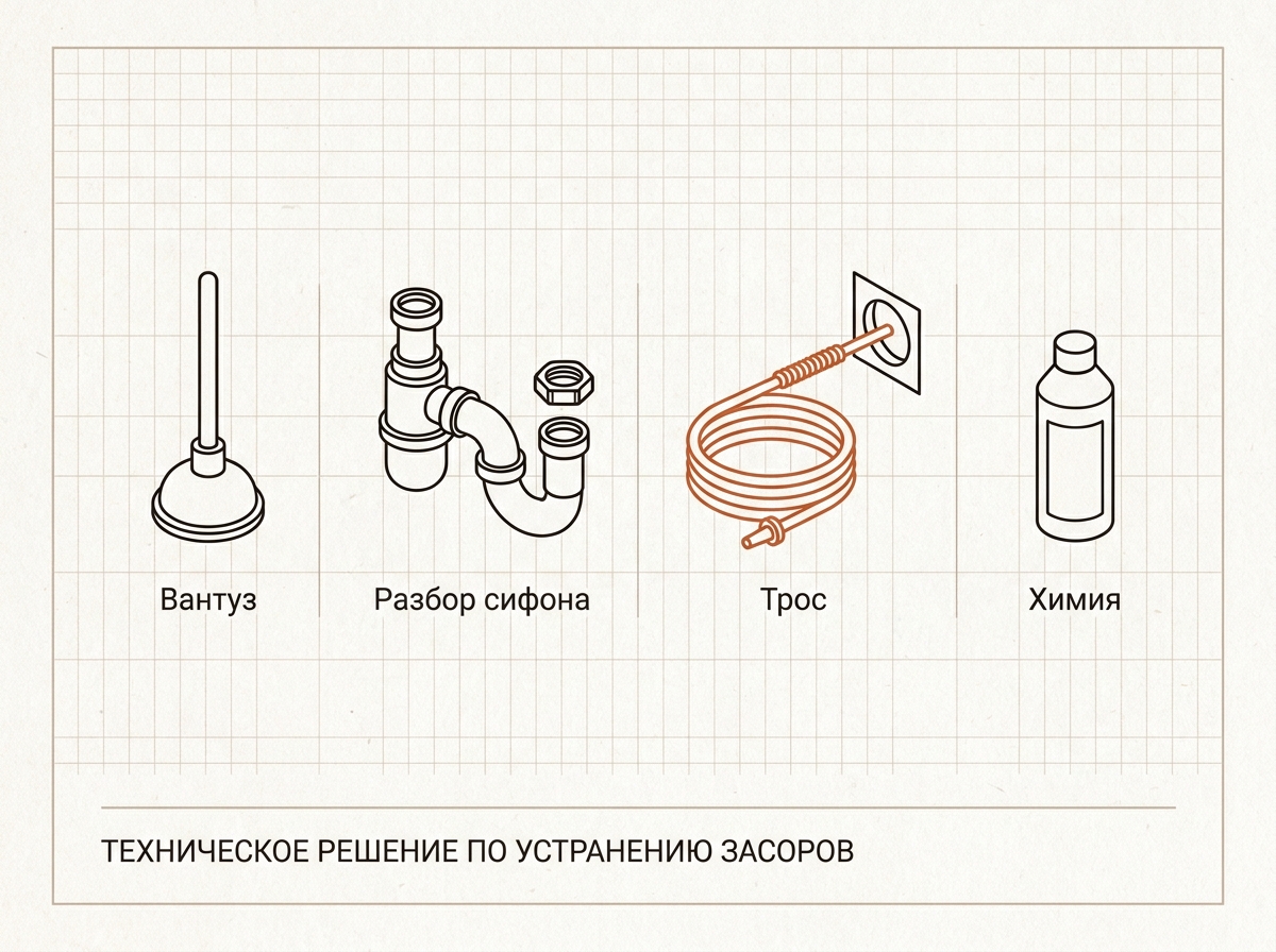 Способы прочистки канализации по порядку: вантуз, разбор сифона, сантехнический трос через ревизию, химия в резерве