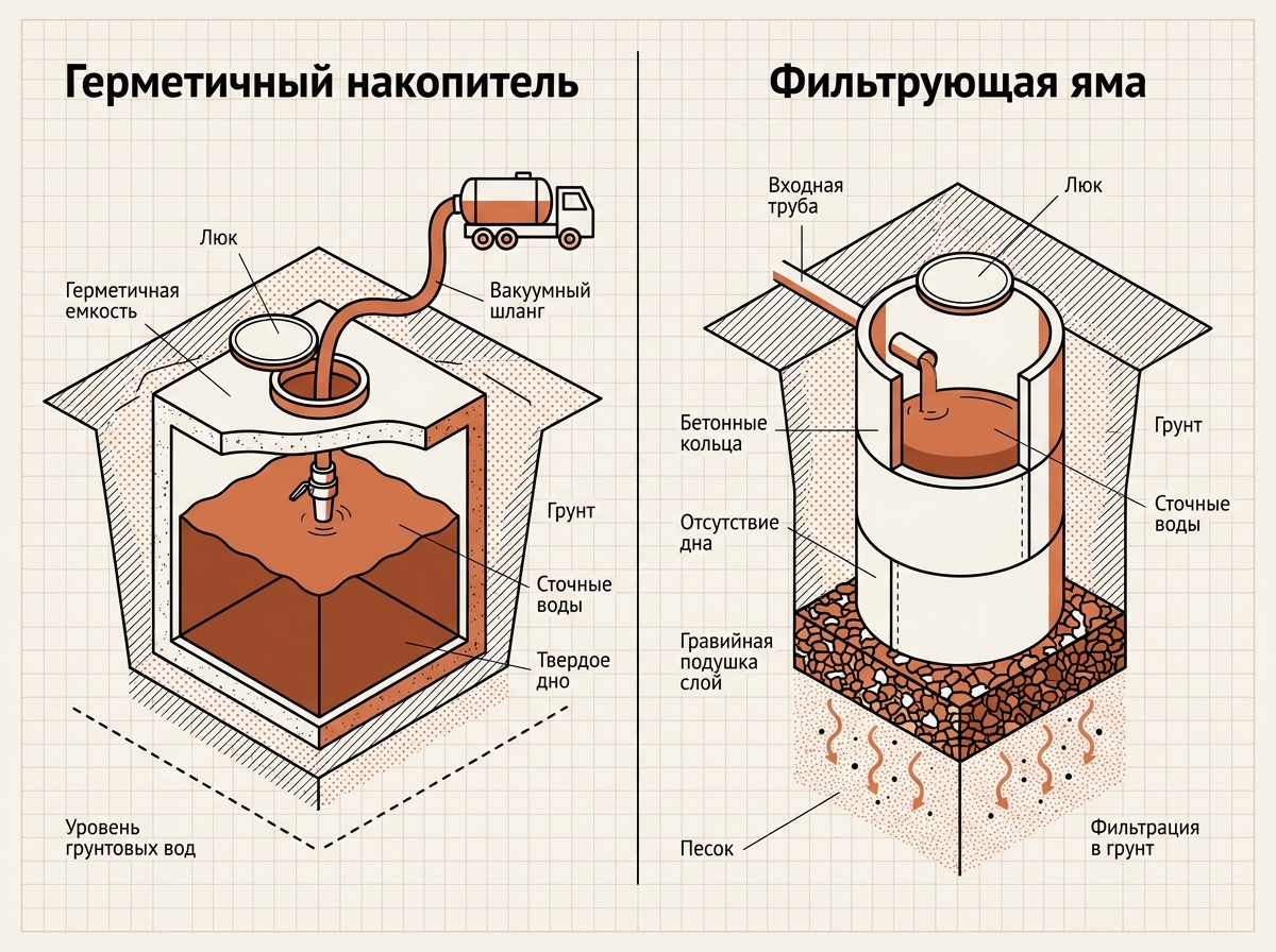 Герметичный накопитель с глухим дном и фильтрующая яма без дна с дренажным основанием