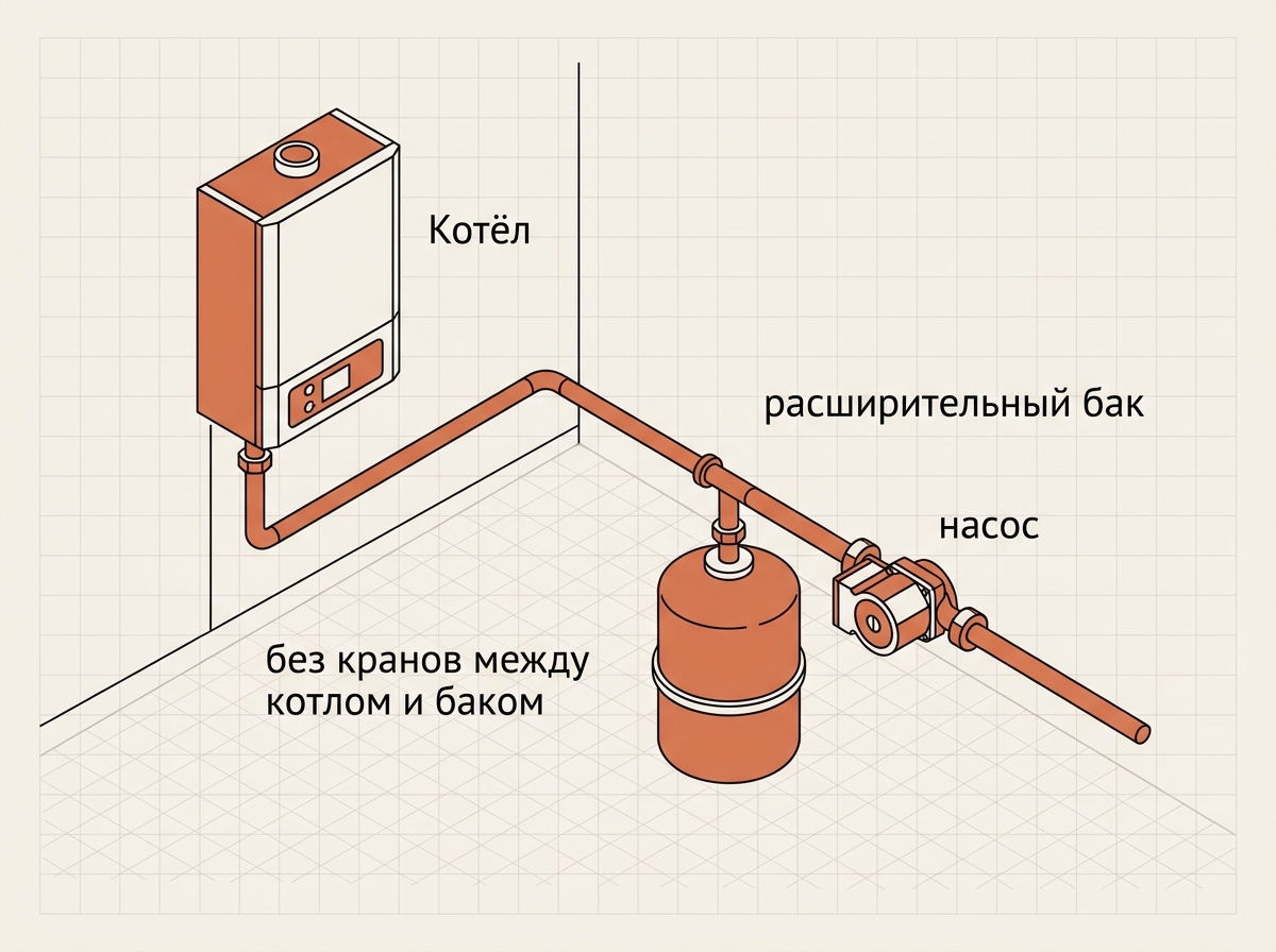 Расширительный бак на обратке перед циркуляционным насосом, без запорной арматуры между котлом и баком