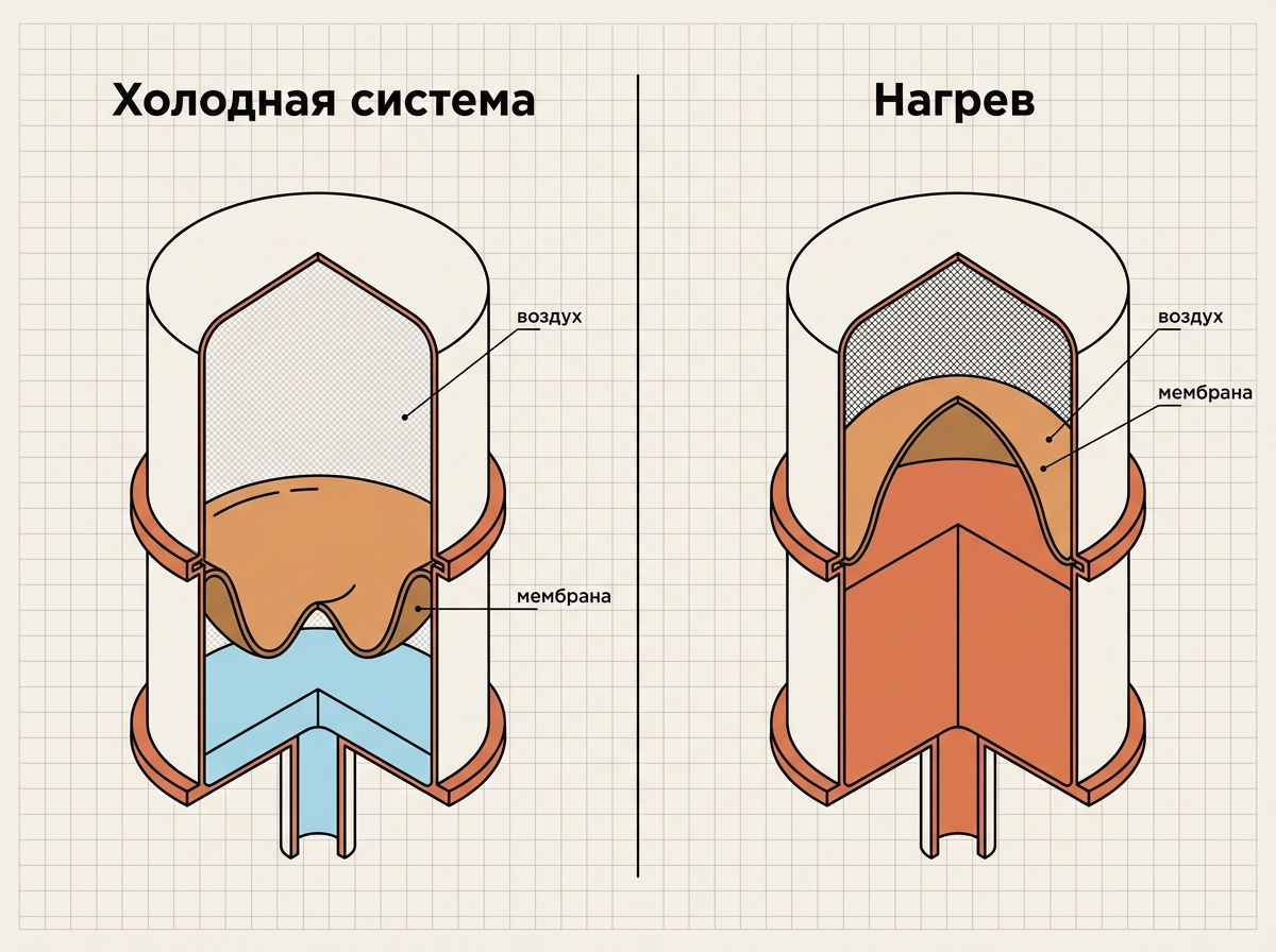 Работа мембранного бака: в холодной системе мембрана расправлена, при нагреве теплоноситель сжимает воздух