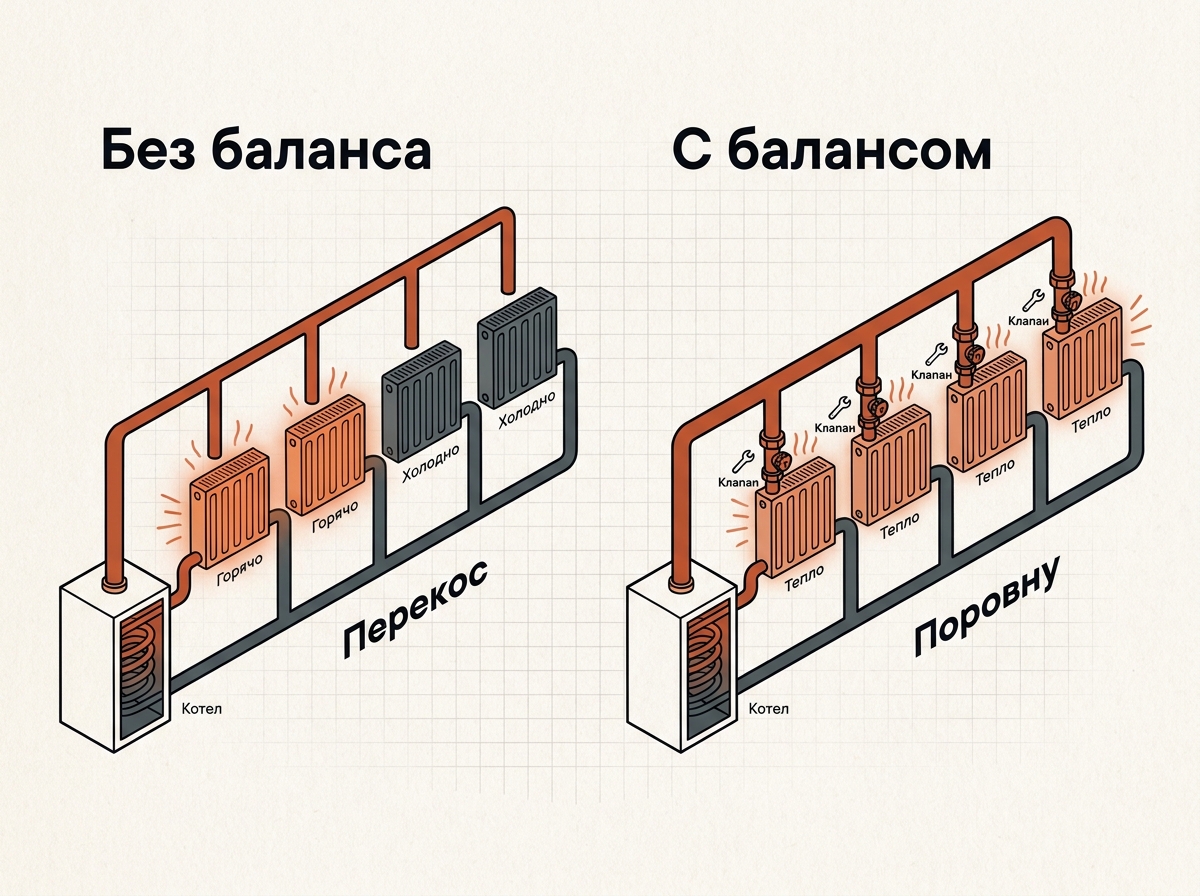 Несбалансированная и сбалансированная ветка отопления: распределение потока по радиаторам