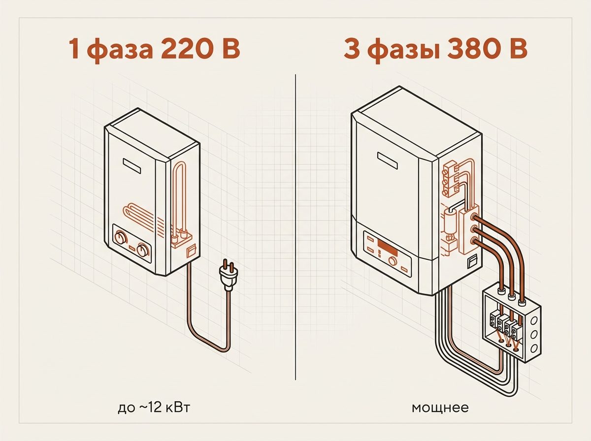 Однофазное подключение электрокотла 220 В и трёхфазное 380 В