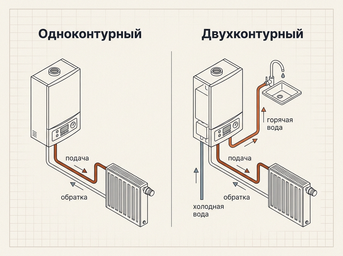 Одноконтурный котёл (только отопление) и двухконтурный (отопление плюс горячая вода на кран)