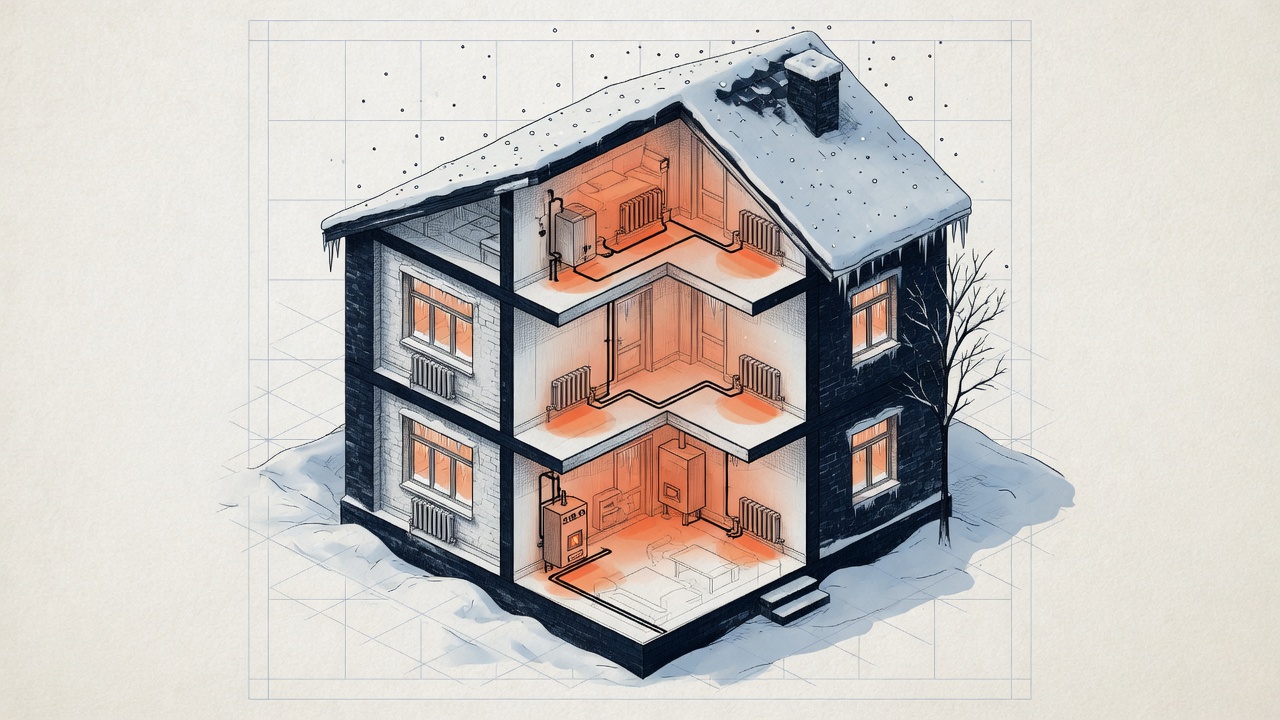 Изометрический разрез частного дома зимой: котёл, радиаторы и тёплый контур внутри, снег и холод снаружи