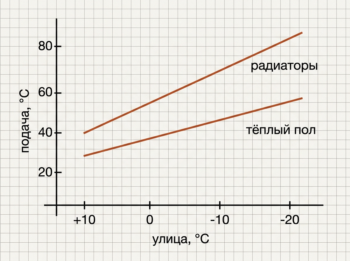 Кривая отопления: чем холоднее на улице, тем выше температура подачи; для пола пологая, для радиаторов крутая