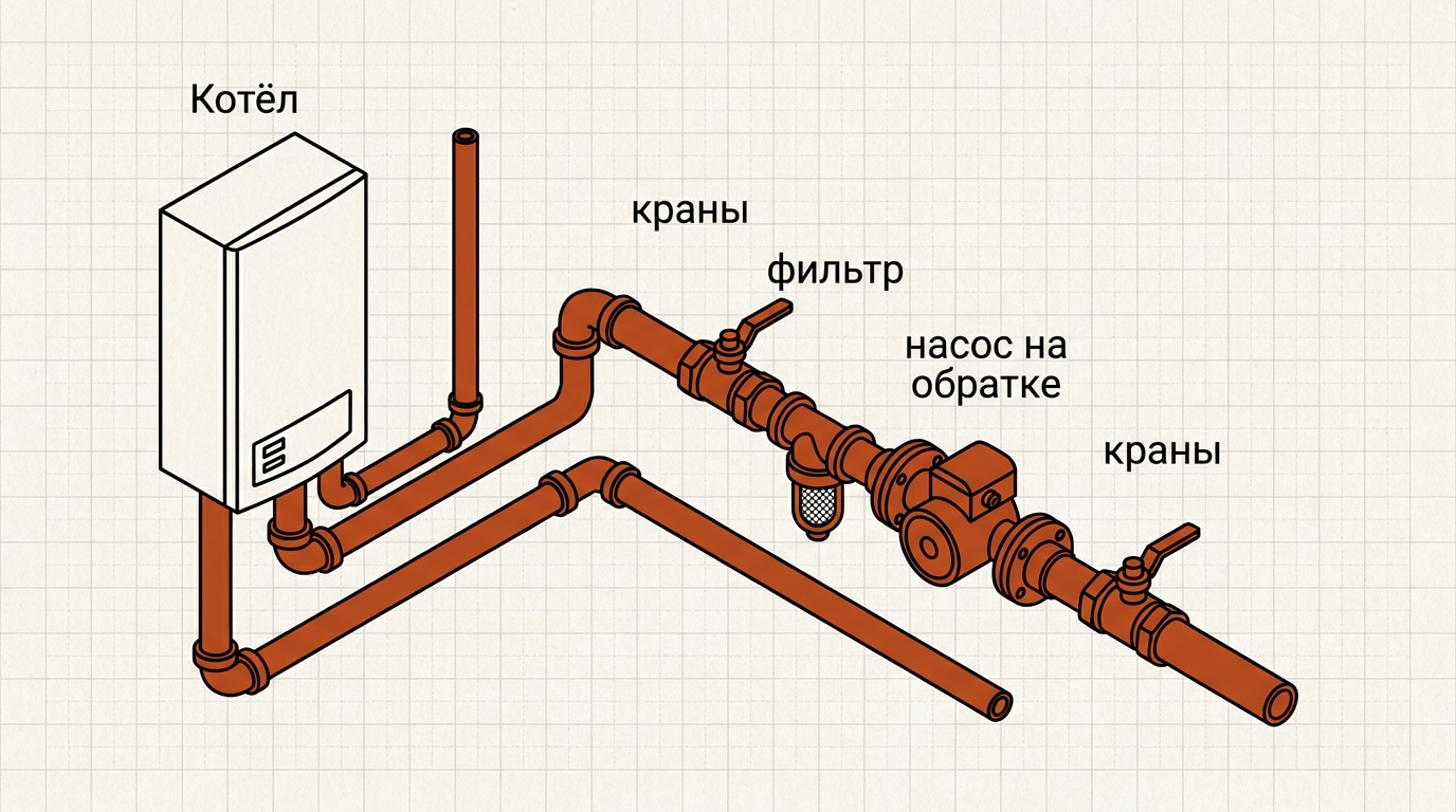 Монтаж циркуляционного насоса: на обратке перед котлом, фильтр перед насосом, отсечные краны, вал горизонтально