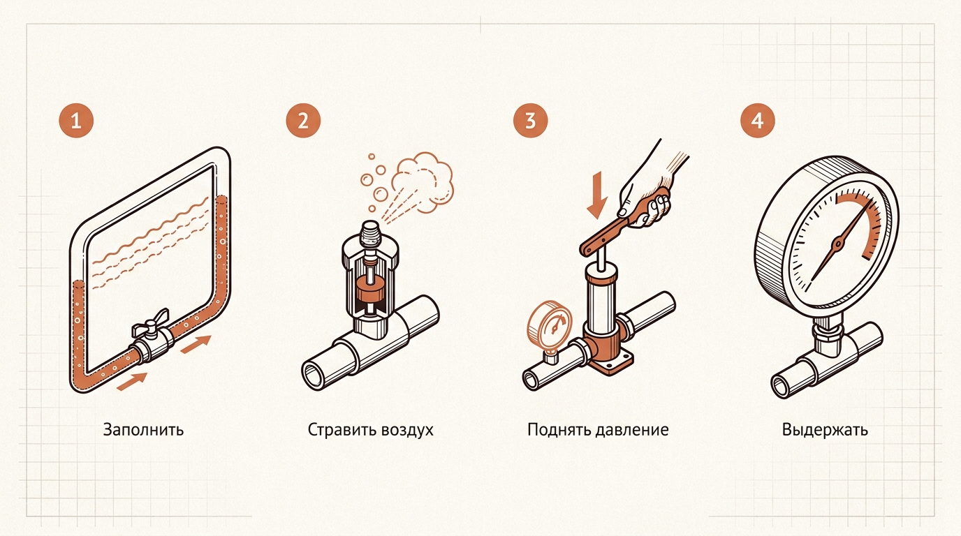 Порядок опрессовки системы отопления: заполнить, стравить воздух, поднять давление насосом, выдержать и следить за манометром