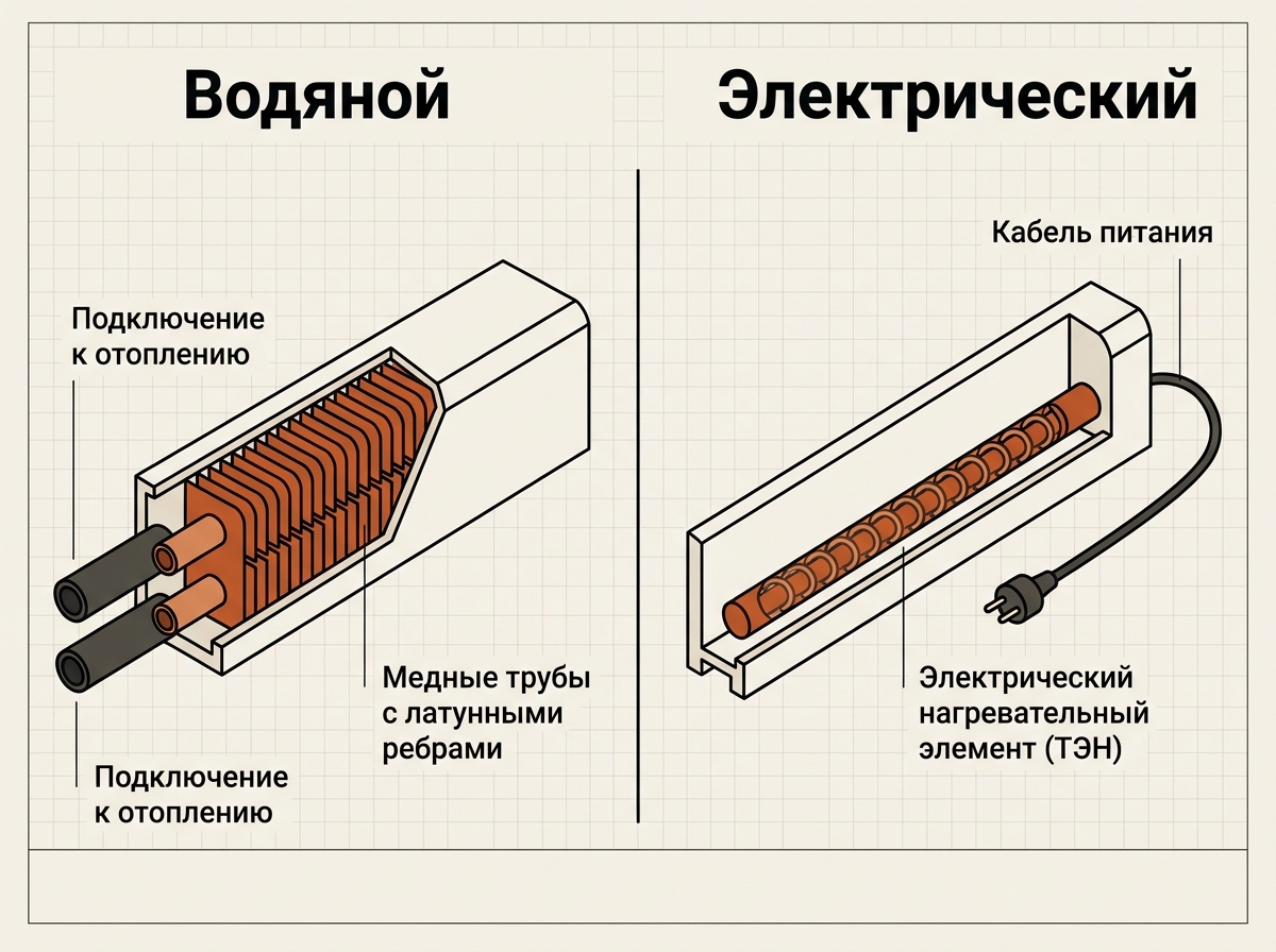 Водяной тёплый плинтус с медными трубками и электрический с ТЭНом