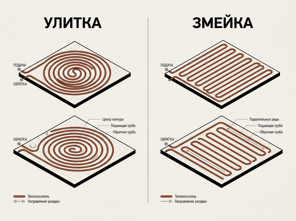 Схемы укладки трубы тёплого пола: улитка и змейка