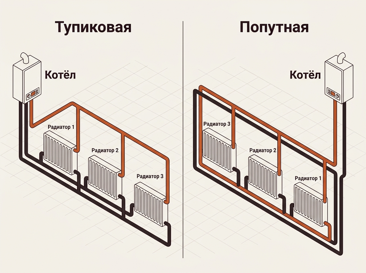 Тупиковая и попутная (петля Тихельмана) двухтрубные схемы отопления