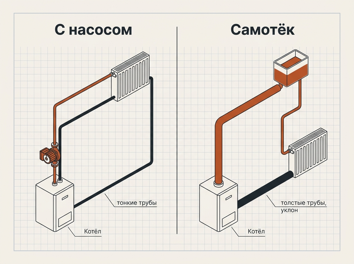 Система отопления с циркуляционным насосом и самотёчная (гравитационная)