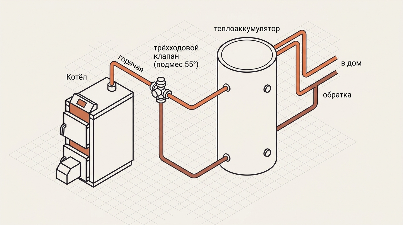 Обвязка твердотопливного котла: трёхходовой клапан подмеса обратки и теплоаккумулятор