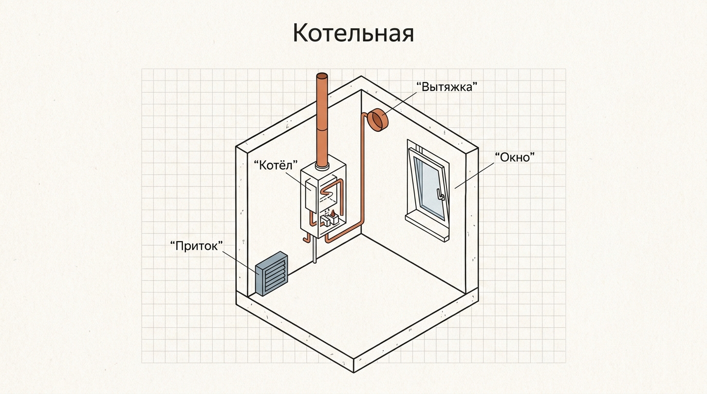 Схема вентиляции котельной с газовым котлом: приточная решётка снизу для воздуха на горение, вытяжной канал в верхней зоне, окно с форточкой