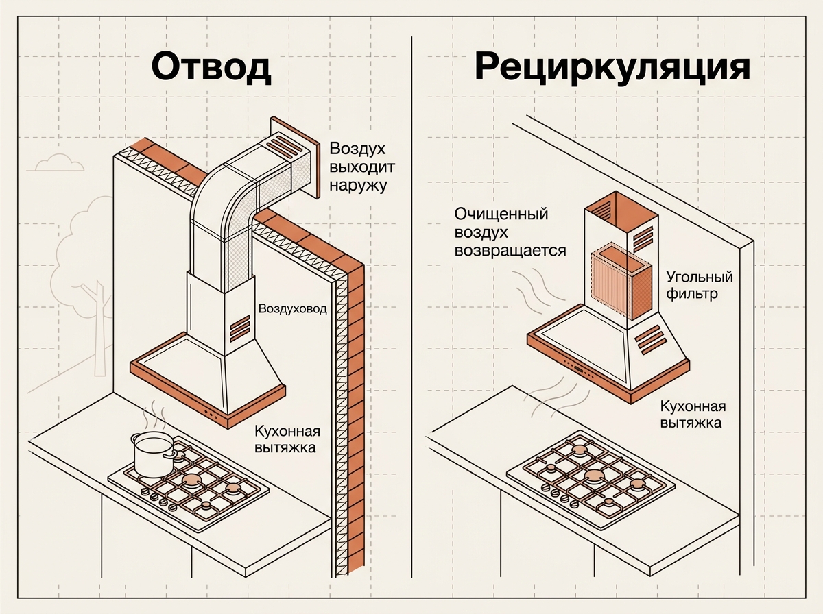 Кухонная вытяжка: режим отвода в воздуховод и режим рециркуляции с угольным фильтром