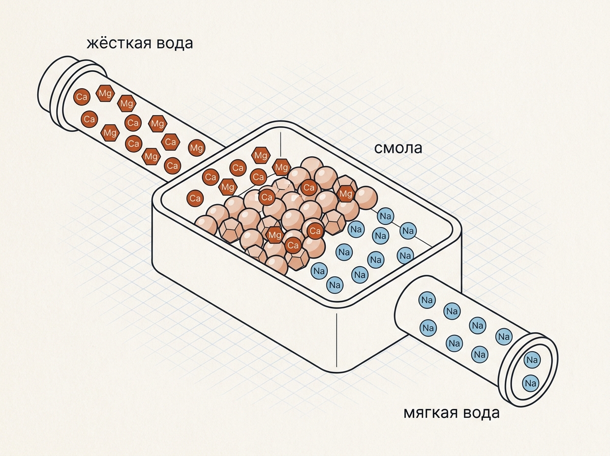 Ионный обмен: смола забирает кальций и магний, отдаёт натрий