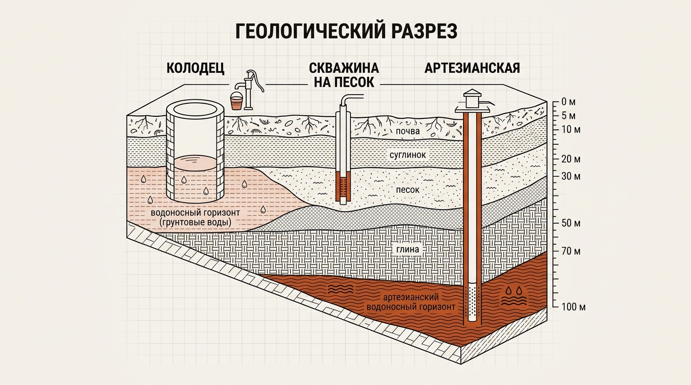 Разрез грунта: колодец в верховодке, скважина на песок, артезианская скважина под слоем глины