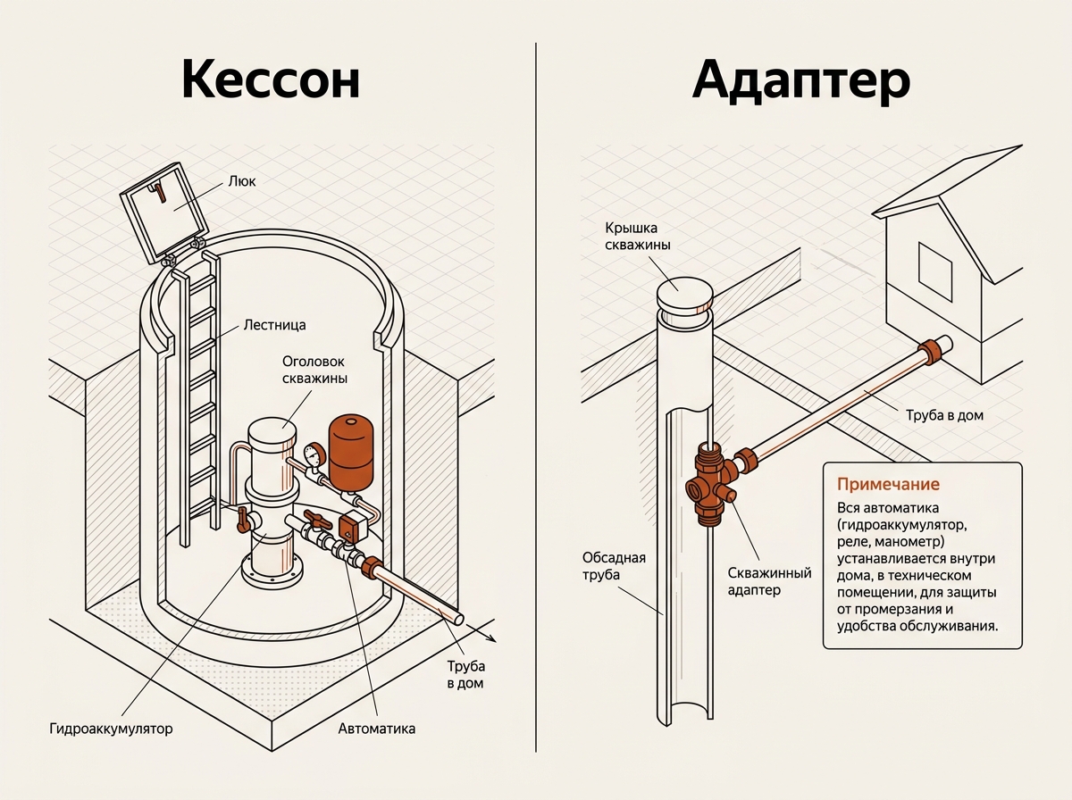 Обустройство скважины: кессон (подземная камера) и скважинный адаптер (переходник через обсадную)