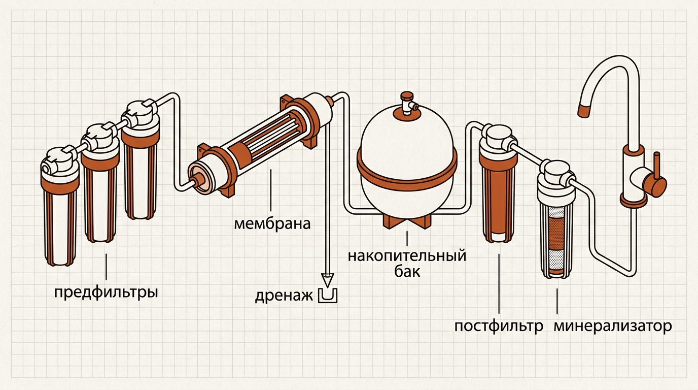 Ступени системы обратного осмоса: предфильтры, мембрана, бак, постфильтр, минерализатор