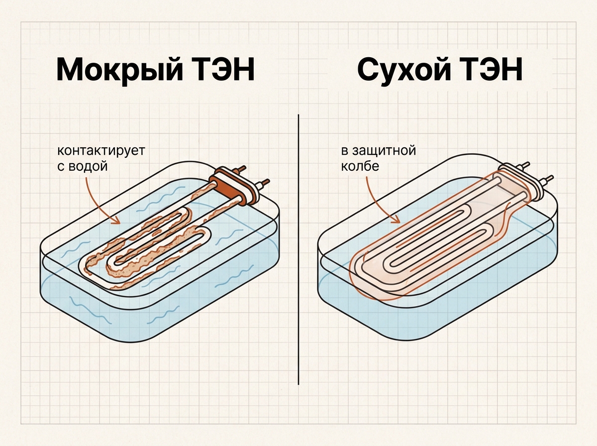 Мокрый ТЭН контактирует с водой, сухой ТЭН в защитной колбе