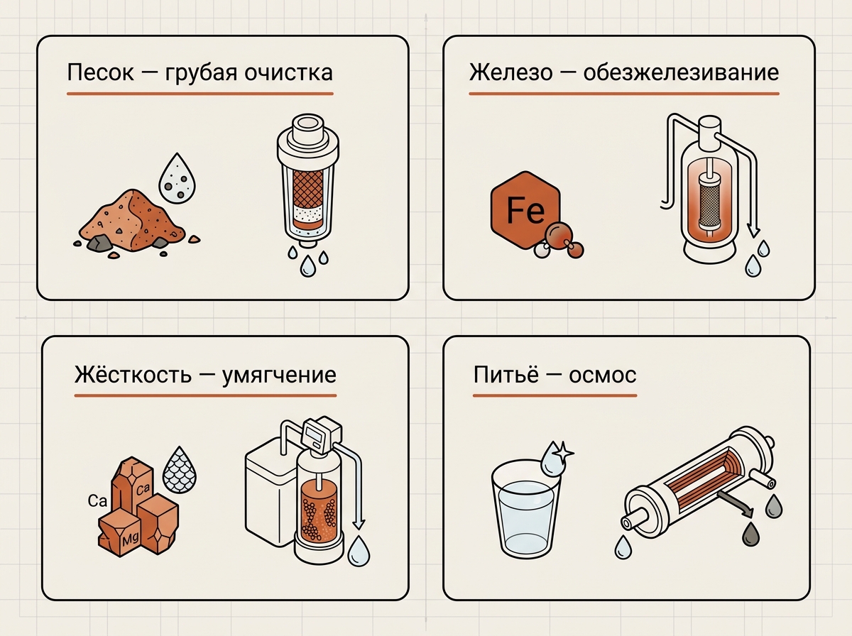 Проблемы воды и фильтры под них: песок, железо, жёсткость, питьё