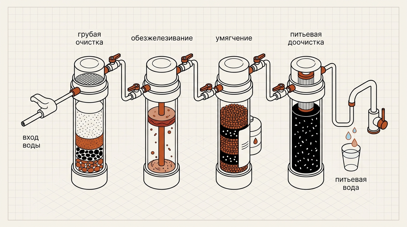 Ступени водоподготовки по порядку: грубая очистка, обезжелезивание, умягчение, питьевая доочистка