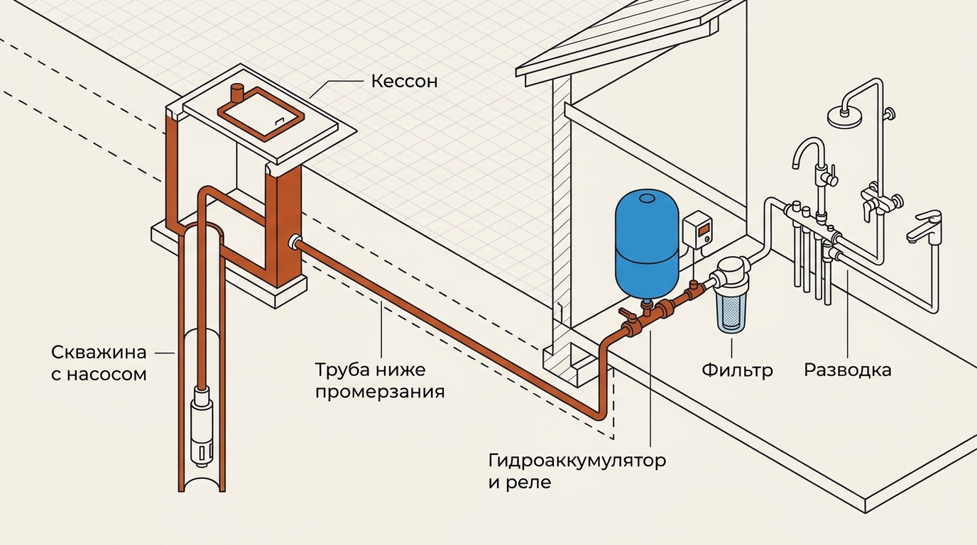 Схема водоснабжения из скважины: насос, кессон, ввод ниже промерзания, гидроаккумулятор с реле, фильтры, разводка